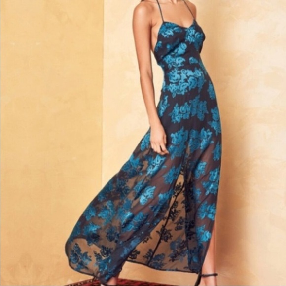 Lovers + Friends Seville Maxi Dress T-Back Jade Blue Black Floral Size XS - Picture 3 of 16